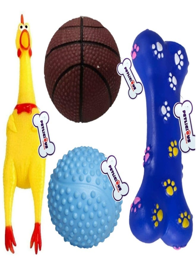 Petlicious & More® Puppy Squeaky Toys Combo of 4 - Chicken Toy Small I Ball in Ball I Goat Bone I Vinyl Rugby Squeaky Toys for Small Dogs & Puppies (Pack of 4) - Image 1
